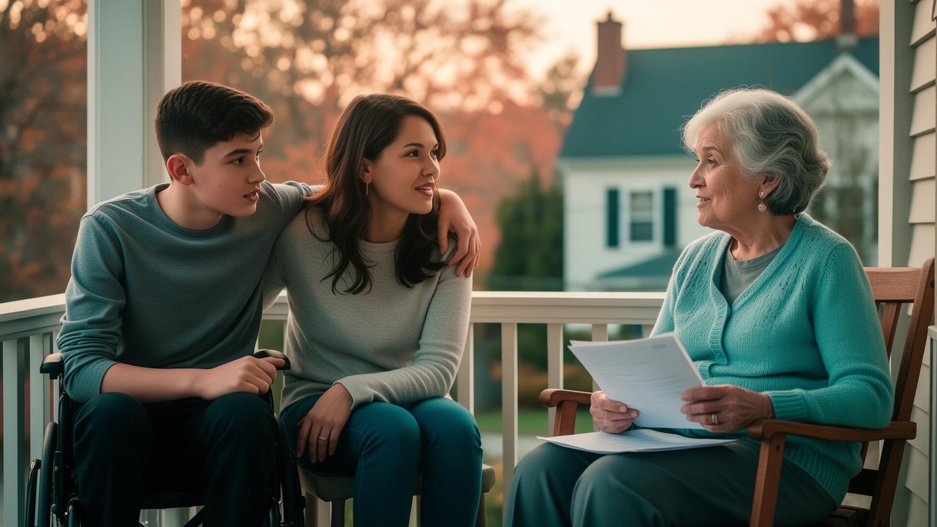 A New York family talking together on a porch — a mother with her arm around her teenage son who uses a wheelchair, and a grandmother holding paperwork.